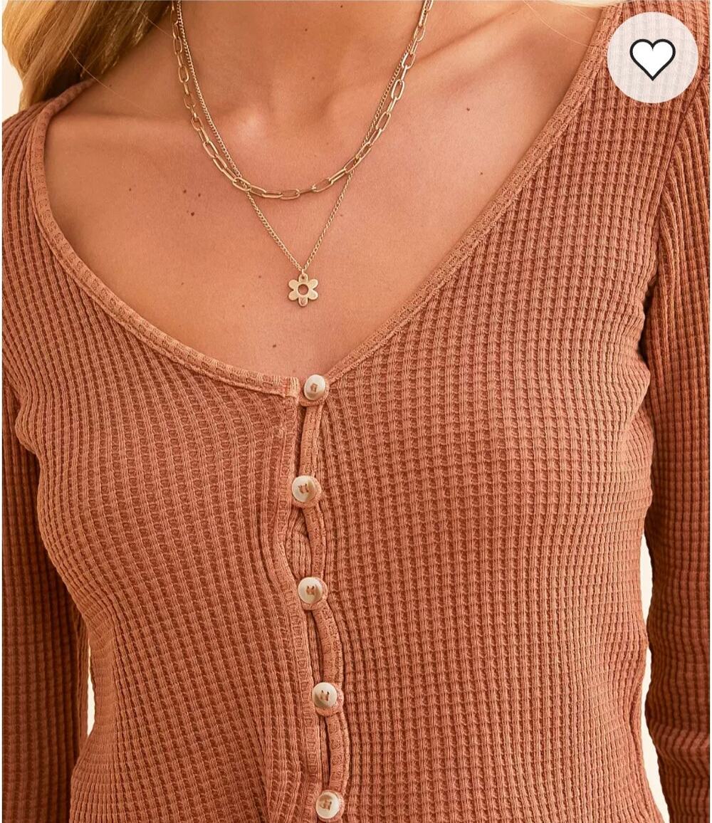 NWT Billabong Waffle Knit Henley Crop Top L Rust Terracotta Button Up Thermal